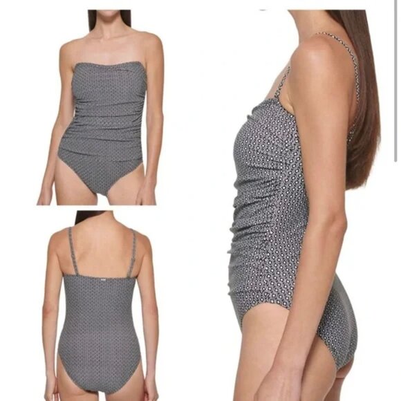 DKNY One Piece Swimsuit Stretch UPF Protection Black/White Small NWT - Picture 2 of 8